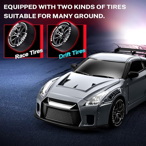 Image of ACAMMZAR RC Drift Car, 1:24 Remote Control Car for Kids, 20KM /H 4WD High Speed RC Cars with Lights, Extra Racing Tires, Vehicle for Adults Boys Girls, Gray