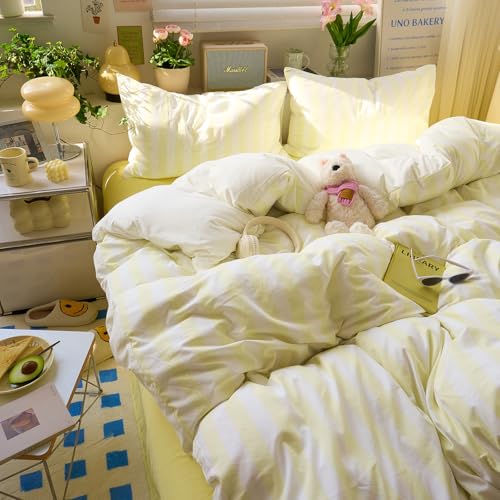 Image of EAVD Yellow and White Vertical Striped Duvet Cover Queen Soft Washed Microfiber Farmhouse Yellow Striped Bedding Set with 2 Pillowcases Reversible Geometric Pattern Duvet Cover with Zipper Closure