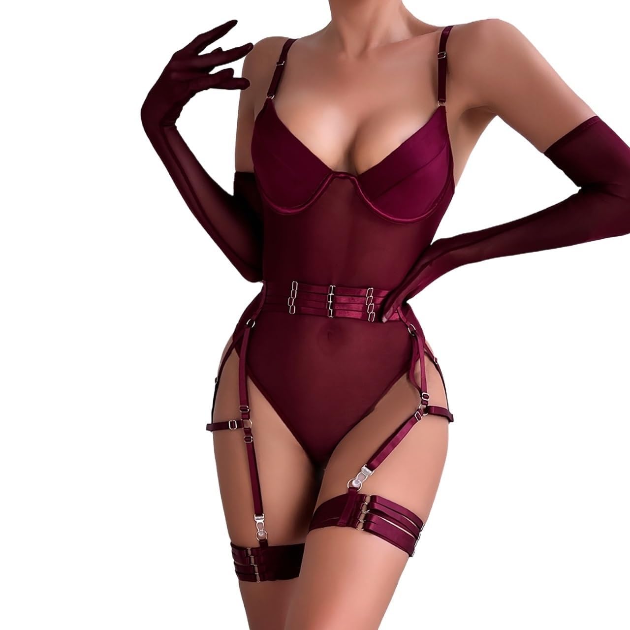 Women Lingerie Set Lace Teddy Strap Babydoll Bodysuit Lingerie with Gloves and Thigh Belts for Girl Women