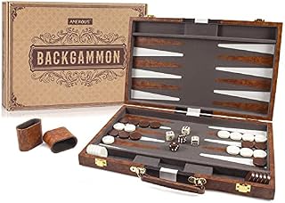 AMEROUS Backgammon Set, 15 Inches Classic Board Game with Leather Case, Folding Board, Gift Package, Portable Travel Strategy Backgammon Game Set for Adults, Kids (Medium, Brown)