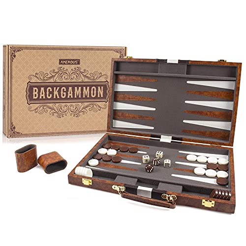 AMEROUS Backgammon Set, 15 Inches Classic Board Game with Leather Case, Folding Board, Gift Package, Portable Travel Strategy Backgammon Game Set for Adults, Kids (Medium, Brown) by AMEROUS - Used condition - US$26.84