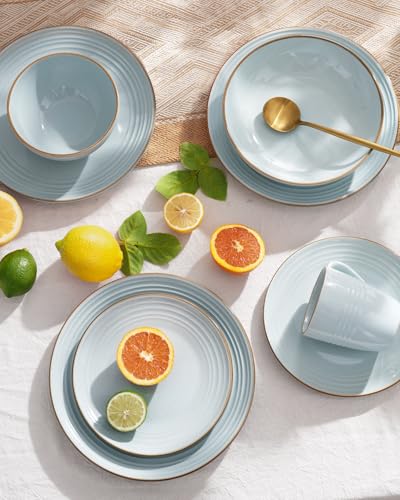 Famiware Jupiter Dinnerware Set, Plates and Bowls Dish Sets for 4 (12 Pieces), Microwave and Dishwasher Safe Stoneware Speckled Tableware, Chip and Scratch Resistant, Light Blue