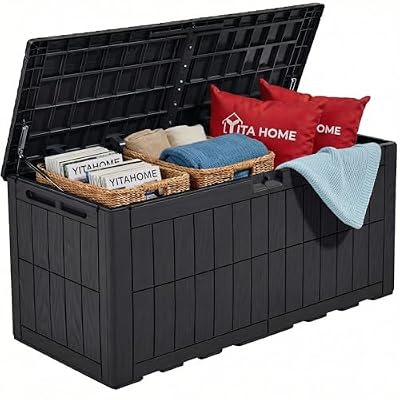 YITAHOME 110 Gallon Outdoor Deck Box, Waterproof Resin Storage Box with Lock, Lockable Patio Furniture Bin, 2-Person Bench Seating for Outdoor Cushions, Garden Tools & Sports/Pool Supplies, Black