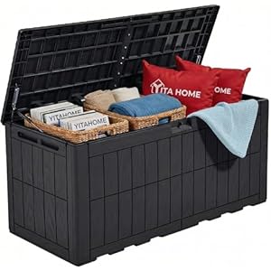 YITAHOME 110 Gallon Outdoor Deck Box, Waterproof Resin Storage Box with Lock, Lockable Patio Furniture Bin, 2-Person Bench Seating for Outdoor Cushions, Garden Tools & Sports/Pool Supplies,