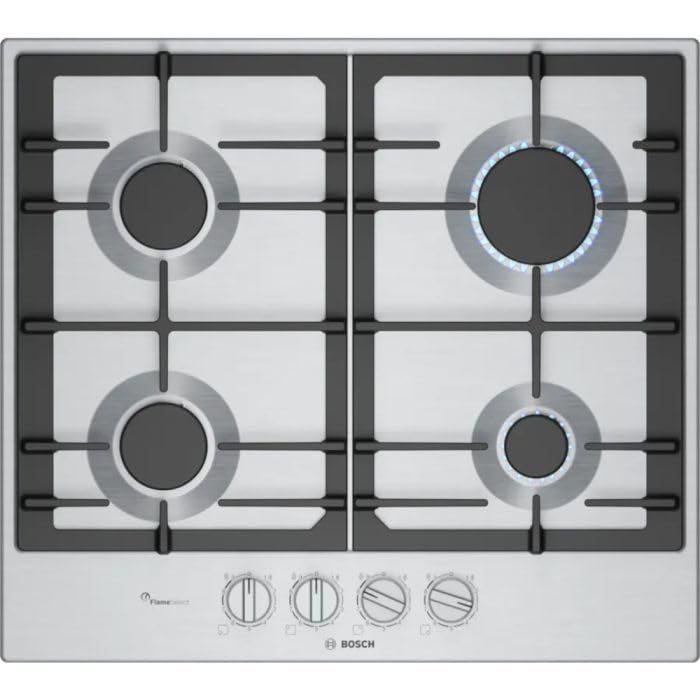 Bosch PCP6A5I90 Series 6 Gas Hob, FlameSelect, Removable Magnetic Handles, Cast Iron Grills, Steel, 60 cm