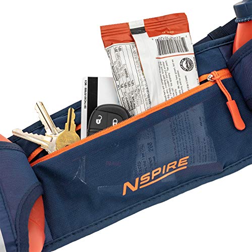 Nspire Dual Bottle Hydration Belt - Adjustable Running Hiking Walking Belt - Includes 2 Bottles – Storage Pocket For Iphone, Samsung, Keys, Snacks Etc., True Navy / Tigerlily #TOP3