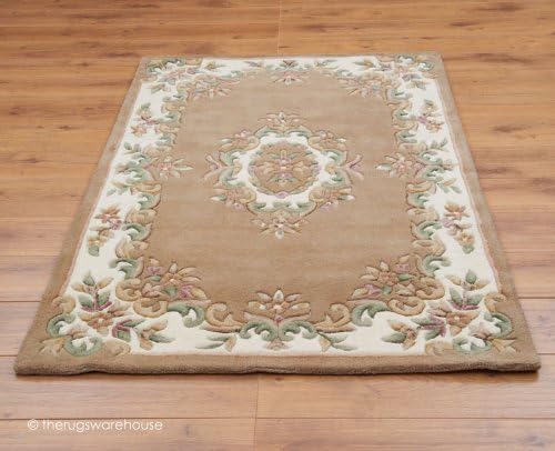 The Rugs Warehouse 100% Wool Royal Beige & Ivory Classic Aubusson Rug 120x180cm (4'x6')