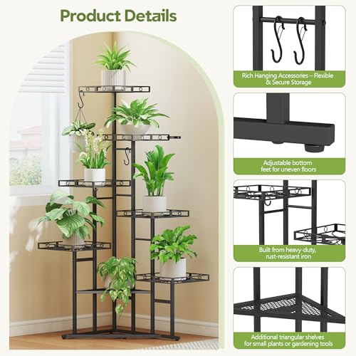 Image of Quikraen 46 inch Tall Plant Stand Indoor,Multiple Tiers Corner Plant Shelf for Corner, 7-Tier Large Metal Flower Holder, Plant Rack for Home Decor, Patio (Black)