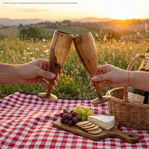Image of NAVRANG Wooden Champagne Glasses Set of 2 | Handcrafted Teak Wood Champagne Glasses | Unique Rustic Drinkware for Gifting, Barware, Parties, Dining & Special Occasions | Traditional Glass Set