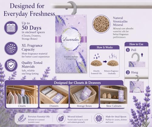 Image of Large 12 Packs Lavender Hanging Closet Air Freshener with Retractable Hook