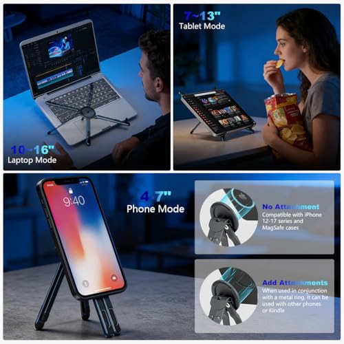 Image of ZORBES Aluminum Alloy Folding Magnetic Phone Holder Multi Desk Mount 8-Level Adjustable Height Laptop Riser Portable Bracket 4-13'' Mobile Stand for for Phone, Tablet, Laptop