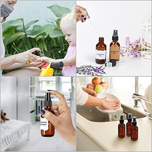 BELLE VOUS Glass Amber Spray Bottles (16 Pack) - 2 Pipettes & Sticker Labels Included - 60ml / 2oz - Empty Fine Mist Bottle Sprayer - Refillable Bottles for Essential Oils, Cleaning and Aromatherapy