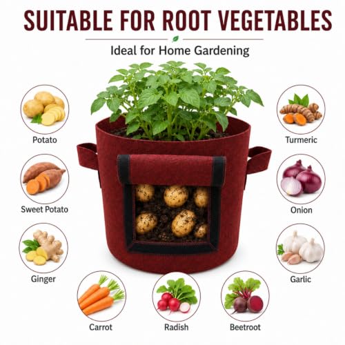 Image of Casa De Amor 15x12 Inch Potato Grow Bags for Root Vegetables, Geo Fabric 400 GSM Plant Bag (Maroon Color, Pack of 2)