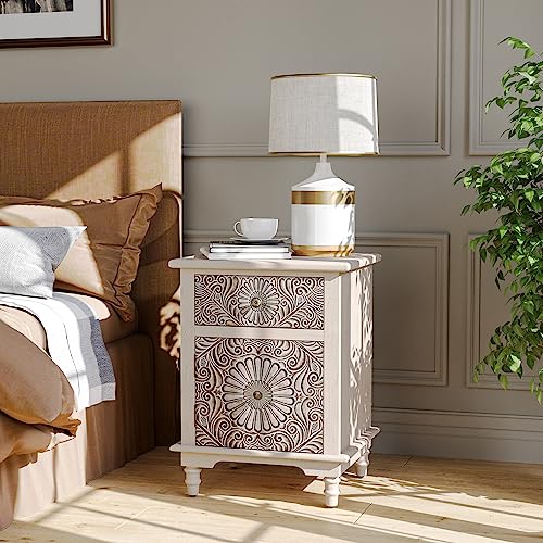 Image of SUNBURY End Table Living Room Small Side Table w Drawer, 18 inch Vintage Wood Nightstand, 2-Tier MDF Living Room End Table Wood Accent Table, Bed Side Night Stand