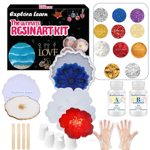 Image of Exploralearn Ultimate Max Resin Art Kit - Mandala, Flower, Agate 3 Coasters with 200 gm Epoxy Resin and Silicone Moulds - Comprehensive Resin Art Materials - Mica, Glitters, and Flakes