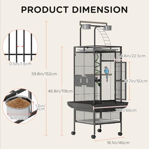 60 Inch Wrought Iron Large Bird Cage with Rolling Stand, Metal Parrot Cage with Play Top & 4 Stainless Steel Bowls for African Grey Cockatiel Sun Parakeet Green Cheek Conure Lovebird Budgie, Black
