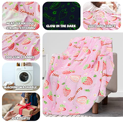 Image of REXEO Strawberry Blanket for Girls Kids, Strawberry Gifts for Teens 50 inchx60 inch | Toddler Blankets for Girls, Strawberry Decor Stuff for Bedroom, Glow in The Dark Blanket for Girls, Strawberry Themed Gifts