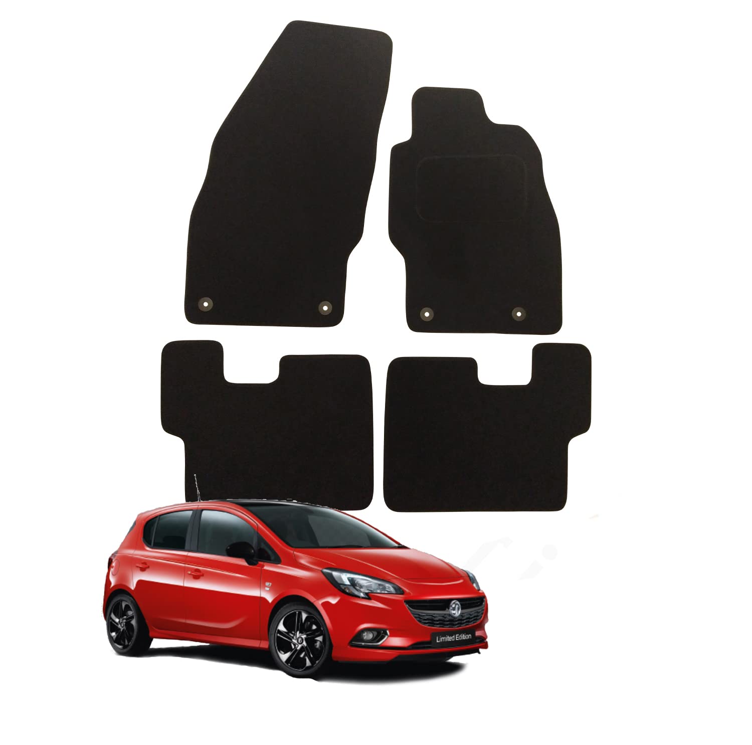 Fully Tailored Car Mats for Vauxhall Corsa E 2014-2019, Set of 4 Floor Mats, Black with Black Trim with 4 Safety Clips by Connected Essentials