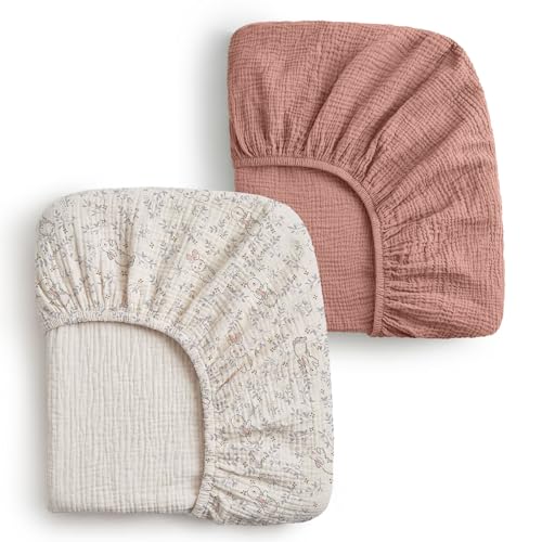 Image of Blissful Diary Muslin Crib Sheets for Girls, Boho Soft Cotton Baby Sheet for 52''x28'' Standard Crib Mattress, 2 Pack(Blush Bunny Floral & Dusty Pink)