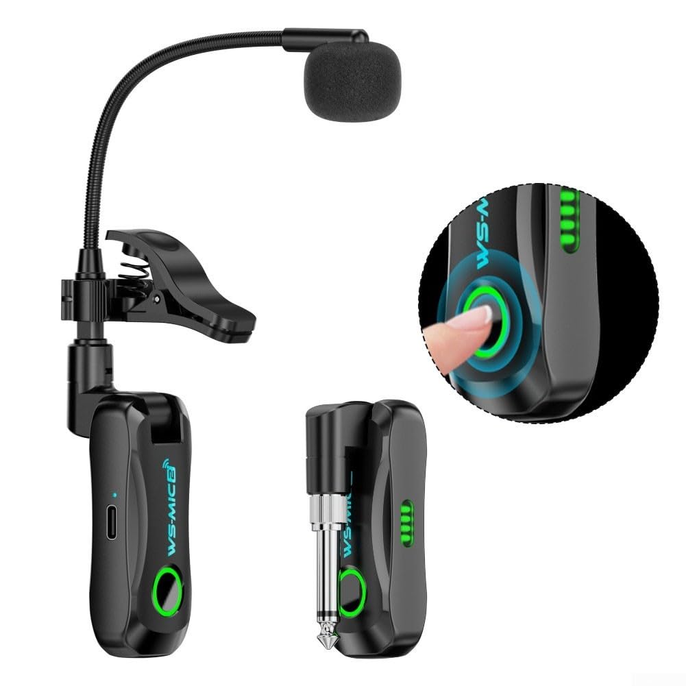 Sistema de micrófono inalámbrico para saxofón 48K 16bit audio digital baja latencia 12ms 40M rango batería de litio recargable 2 4GHz banda clip en para saxofón trompeta negro