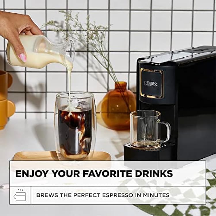 Crux Espresso Machine for Nespresso Pods - Programmable Coffee Brewer Capsule Compatible with Large Removable Water Tank and Drip Tray, Black and Copper