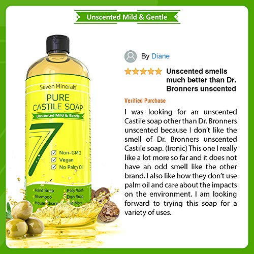EWG Verified Castile Soap 33.8 fl oz - No Palm Oil, GMO-Free - Unscented Mild & Gentle Liquid Soap For Sensitive Skin & Baby Wash - All Natural Vegan Formula with Organic Carrier Oils