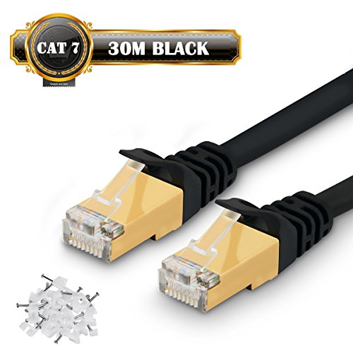 30m Cavo di Rete Cat7 Cavo Ethernet Lan Alta Velocit Cavi Ethernet 10Gbps 750Mhz, RJ45 Cavo per Router Switch Router Modem Access Point, Compatibile con CAT5/CAT5e/Cat6, Nero/con Cable Clamps