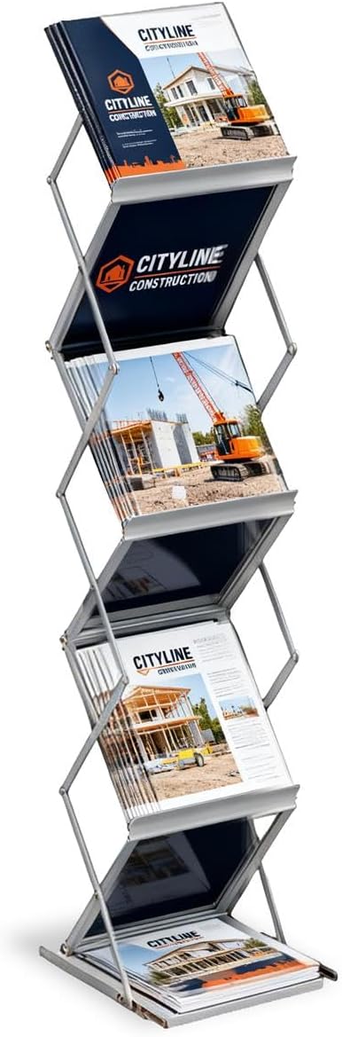 Portable Literature Stand, Double Sided Floor Display, 5 Pockets For A4 and 8.5x11 Documents, 58"h Folding Magazine Stand with Accordion-Like Design – Silver, Aluminum