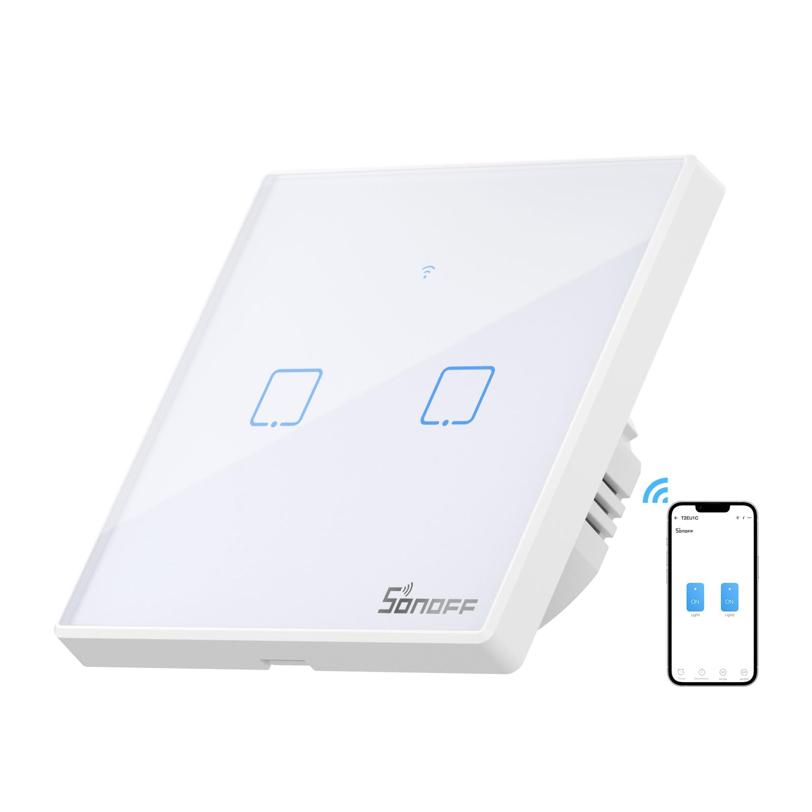 SONOFF T2EU2C Interruptor Mural para Control de Luces Inalámbrico por RF Wi-Fi Inteligente, Interruptor de Tipo 86 de 3 Canales para Automatización Domótica, Compatible con Alexa, Google Home
