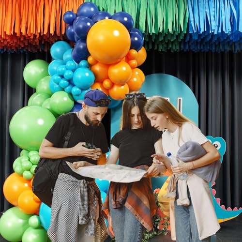 Dinosaur Balloon Garland Arch Kit,Sage Green Blue and Orange Jungle Themed Balloons for Boys Girls Safari Dinosaur Birthday Baby Shower Party Decorations