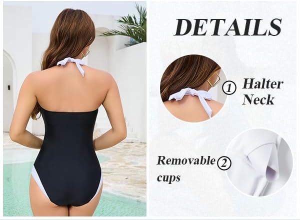 Womens Halter One Piece Swimsuits Tummy Control Bathing Suit Color Block Retro Slimming Monokini - Image 4
