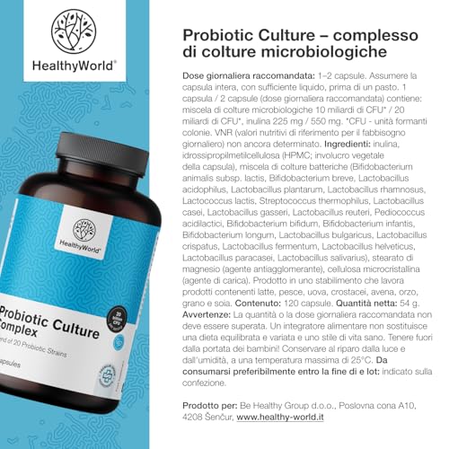 Healthyworld Probiotic Culture - Complesso Di Colture Microbiche - 120 Capsule Vegetali - Microflora Intestinale, Supporto Digestivo - 20 Miliardi Di Cfu Per Dose Giornaliera - Fornitura Per 2 Mesi - 6