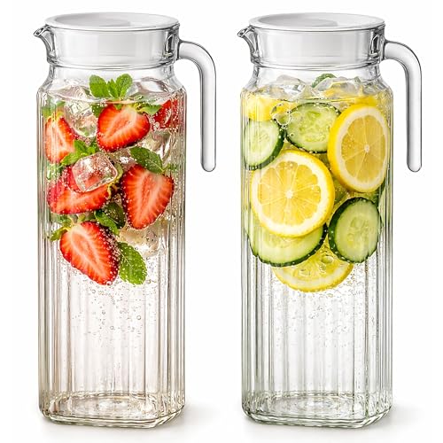 1L Carafe en Verre - Lot de 2 Pichet en Verre avec Couvercle, Carafe eau Frigo pour eau chaude/froide, thé glacé, café, lait, Cruche avec Design Nervuré &...
