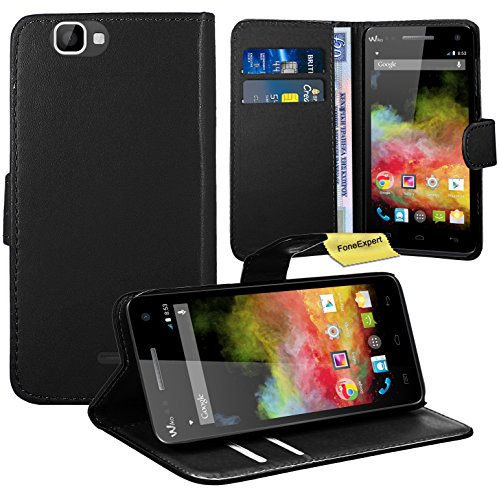 FoneExpert Wiko Rainbow 3G/4G Housse Coque Etui Housse Coque en Cuir Portefeuille Wallet Case Cover pour Wiko Rainbow 3G/4G (Noir)