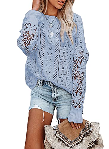 AlvaQ Lace Sweaters for Women Cable Knit Sexy Crochet Long Sleeve Pullover Jumper Tops Sky Blue Large