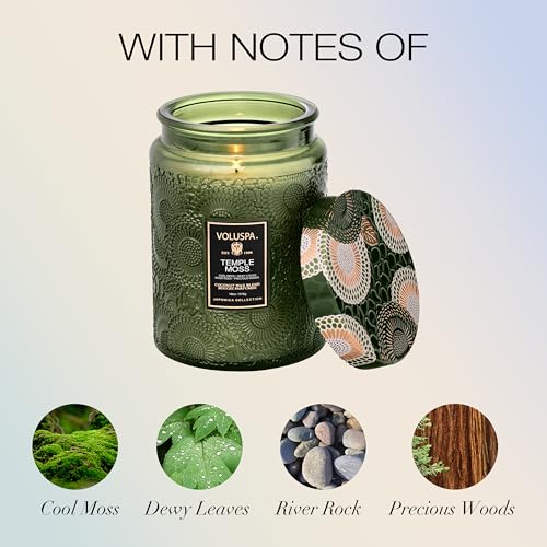 Image of Voluspa Temple Moss, Large Candle Jar, 18oz, Coconut Wax Blend, Scented Candles for Home, 100 Hour Burn Time, Handcrafted in the USA