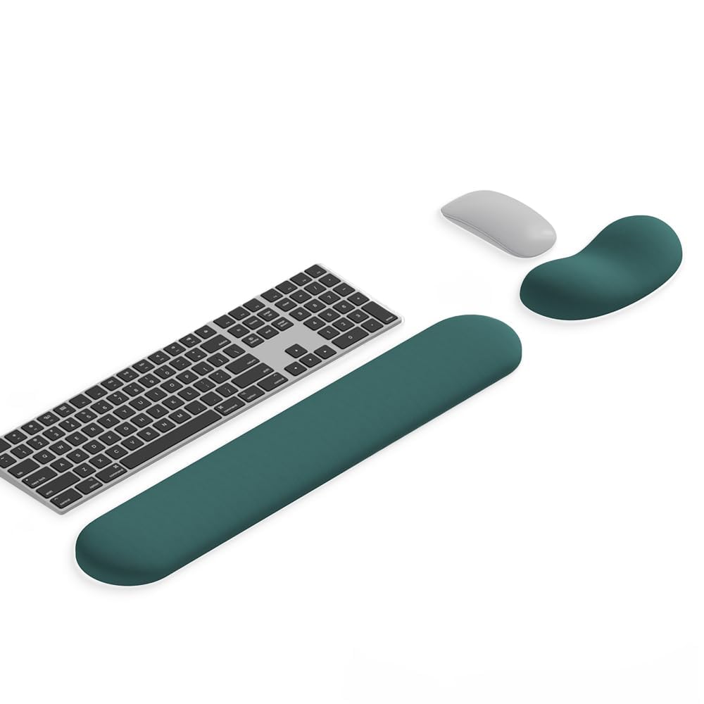 Ergonomic Wrist Rest Set for Keyboard and Mouse | Cooling Gel & Slow-Rebound Memory Foam Palm Support Pad | Luxe Leather, Minimalist, Non-Slip PU Base for Office, Laptop & Gaming (04Green)
