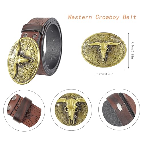 CHIC DIARY Men Western Belt Cowboy PU Leather Waist Belts Vintage Waist Strap Bull Decoration Floral Engraved for Jeans2
