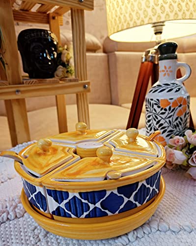 Image of Niyara Multipurpose Storage Ceramic Pickle set Jars & with Lid & tray & spoon & Salt Dispenser (Set of 5, 300 ML) (Yellow Blue)