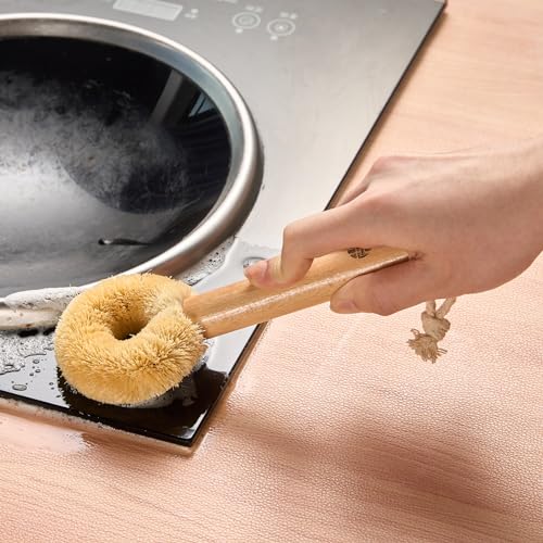 WANGYUANJI Kitchen Cleaning Brush Set,Coconut Fiber Washing Brush with Wooden Handle for Wok/Cast Iron Grill Pan Including 2 Wire Brush-Duty Kitchen Cleaning Tool - Thumbnail 2