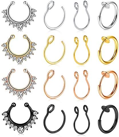 JFORYOU 6-10 Pieces 316L Steel Nose Ring Nose Hoop Fake Nose Ring Piercing Body Jewelry, 3-6 Colors, 8mm