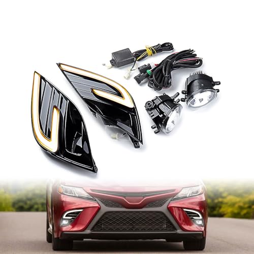 Anzios Left Right Front LED DRL Turn Signal Daytime Running Lights with Fog Lamps Replacement for 2018-2020 Toyota Camry SE XSE TRD TO1039209, TO1038209, TO1038211, TO1039211, 8148106170, 8148206170