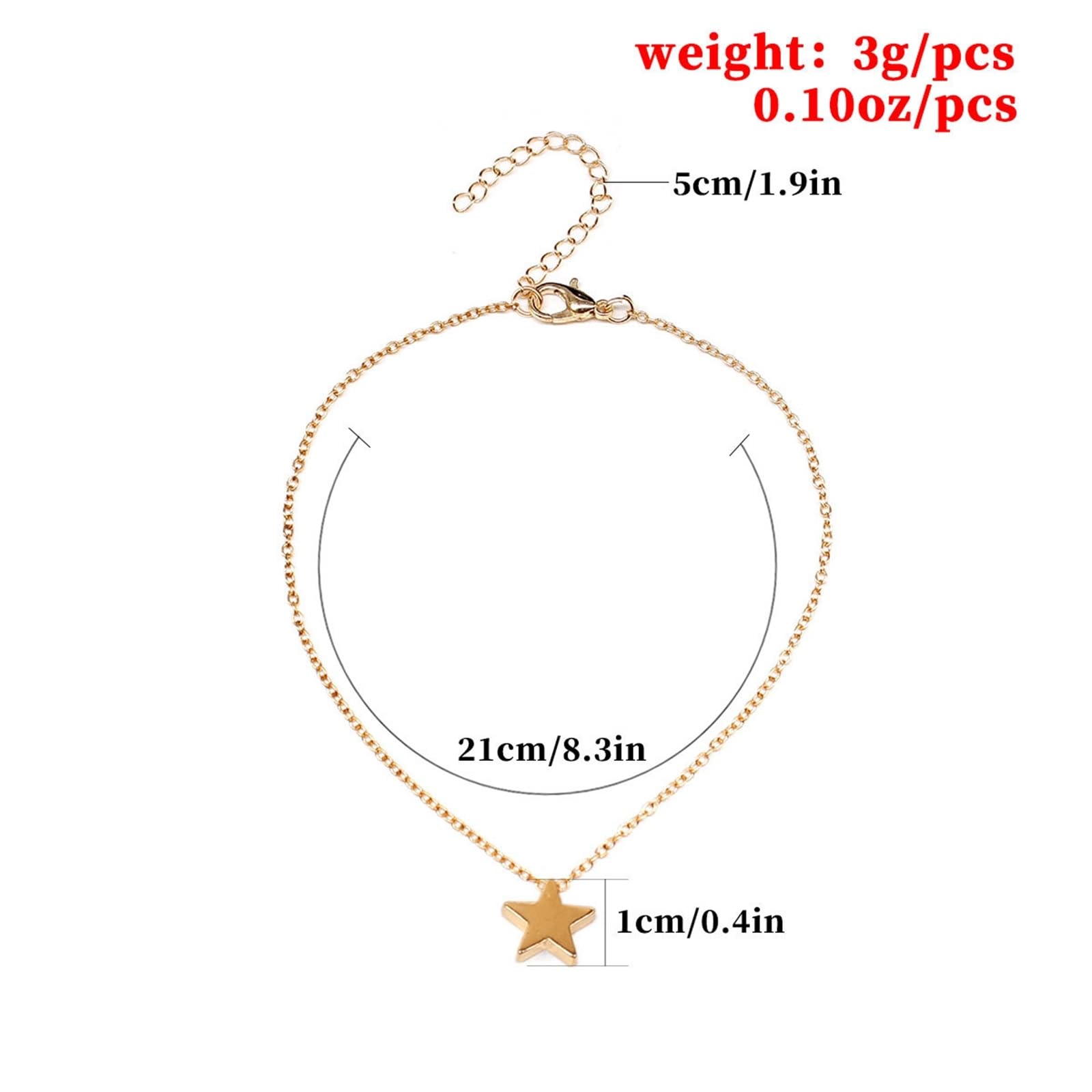 Cavigliera da donna in oro giallo 9 carati Au 375 pentagramma estivo a piedi nudi da spiaggia, da donna, lunghezza 21 cm