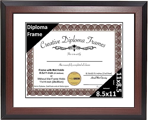 Creative Picture Frames 8.5x11 Mahogany Finish Diploma Frame with White Matting Holds 8.5 by 11-inch Documents with Glass and installed Wall Hanger