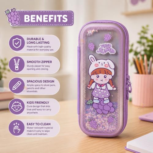Image of WISHKEY Hard Shell EVA Pencil Box for Girls Cute Cartoon Glitter Pencil Case with Mesh Pocket, Elastic Pen Holder & Dual Zipper Large Capacity Water Resistant Stationery Organizer for School Kids