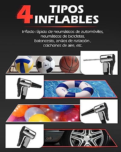 Omesiry Inflador Ruedas Coche, 12V Compresor Aire Coche con Función De Memoria, 4 Adaptadores, Inflación Rápida Compresor Aire Portatil, Hinchador Ruedas Coche para Pelota, Coche, Bicicleta