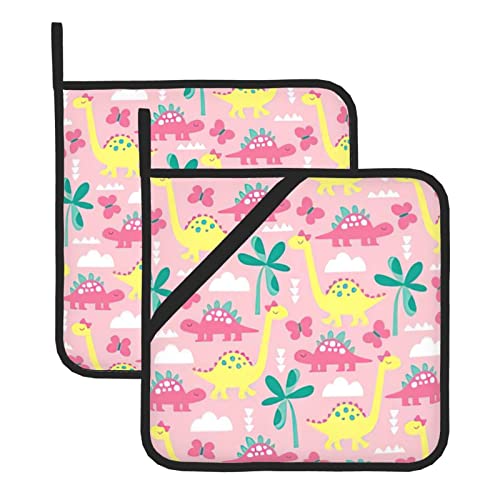 Cute Dinosaur Pink Pot Holders Heat Resistant Kitchen Oven Gloves with Hanging Loops Oven Hot Pads for BBQ Cooking Baking,Set of 2 Cute Dinosaur Pink Pot Holders Heat Resistant Kitchen Oven Gloves with Hanging Loops Oven Hot Pads for BBQ Cooking Baking,Set of 2