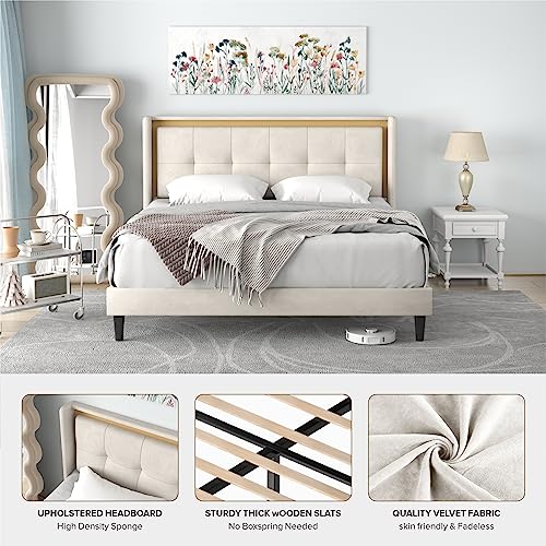 King Size Velvet Upholstered Bed Frame With Wingback Headboard, Solid Wooden Slats, Platform, Mattress Foundation, No Box Spring Needed, Easy Assembly (Beige) #TOP2