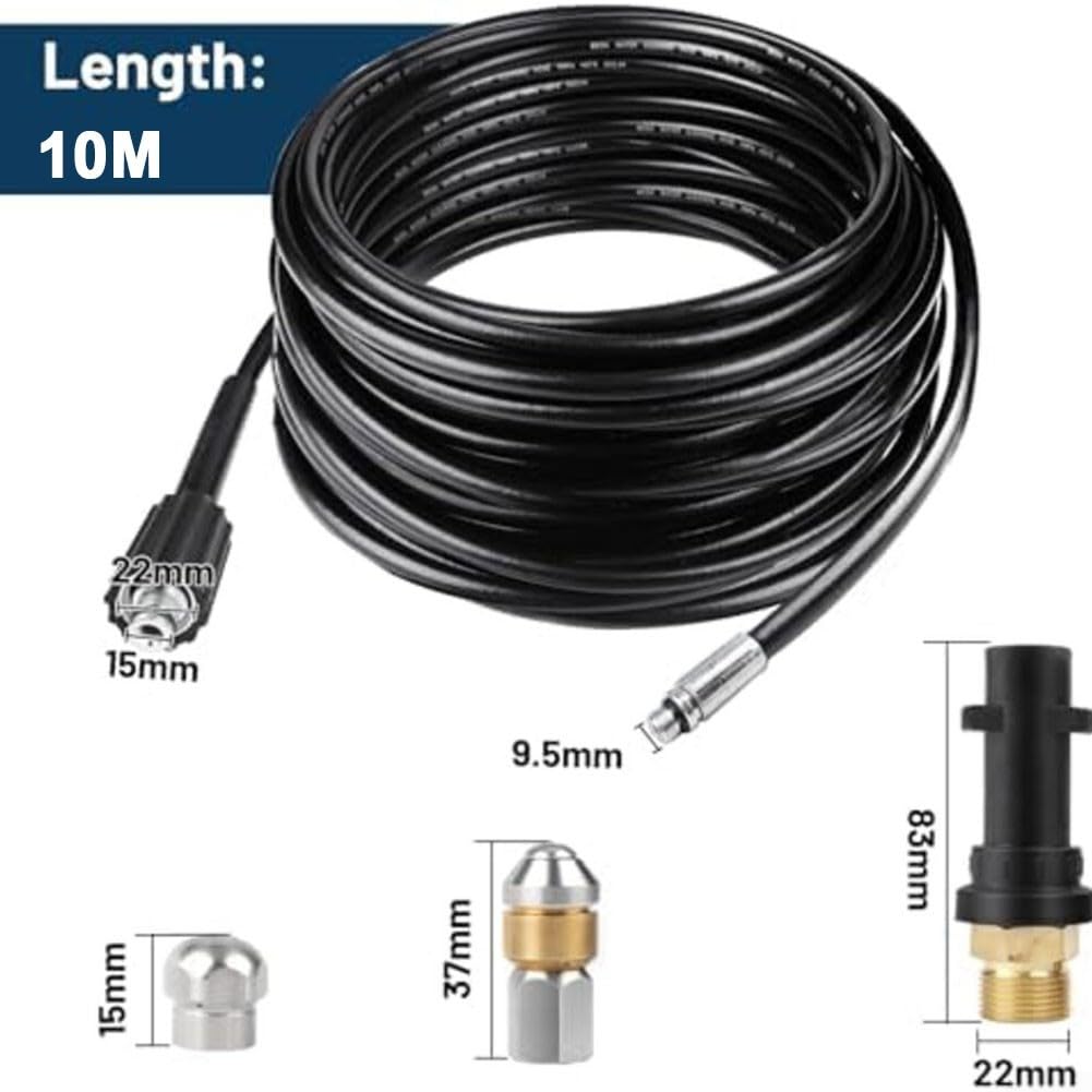 DAZZLEEX Juego de manguera de limpieza de tuberías de alta presión de 10 m, limpiador de drenaje de PVC de 180 bar con boquillas giratorias y chorro, compatible con modelos K2-K7 para limpiar drenaje