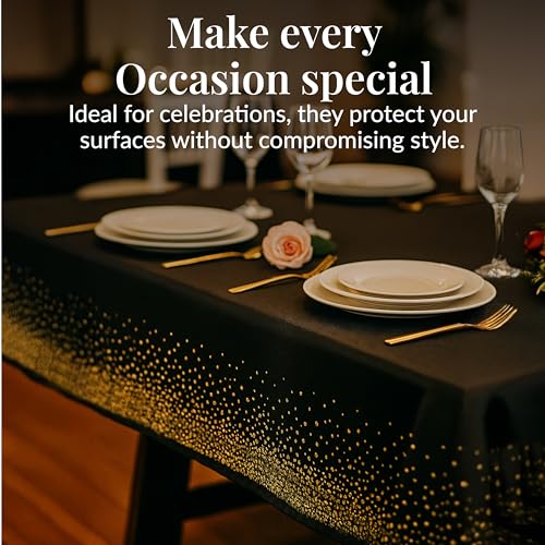 Image of Prestee 12-Pack Black and Gold Dots Disposable Tablecloths - 108x54 Inch Waterproof Plastic Table Covers - Elegant, Heavy-Duty Party Tablecloths for Weddings, Birthdays, Holidays, and Events